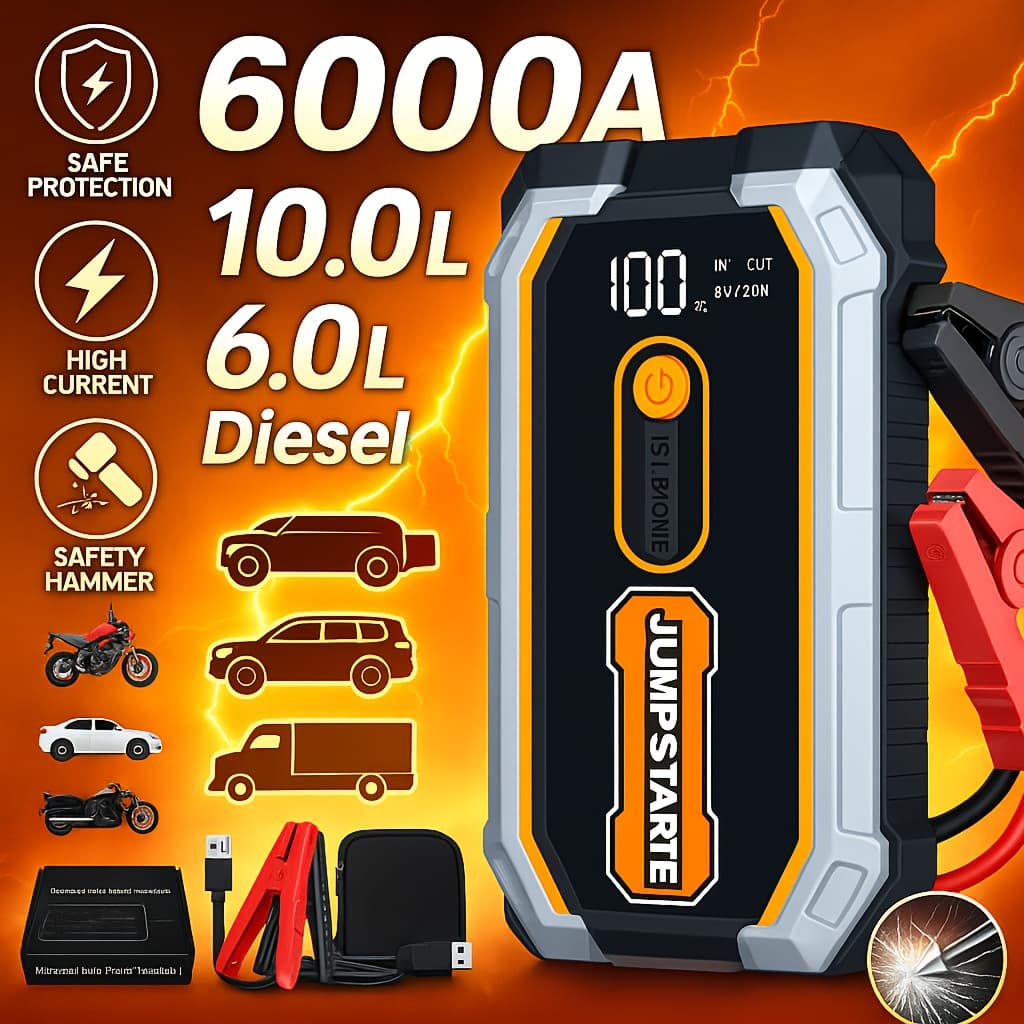TEMU Car Jump Starter, 6000a Portable Battery Jumper Starter Pack For 10.0l Gas & 6.0l Engines, 12v Auto Battery Booster Jump Box With Led Light, Power Bank, Emergency Car Starter Charger