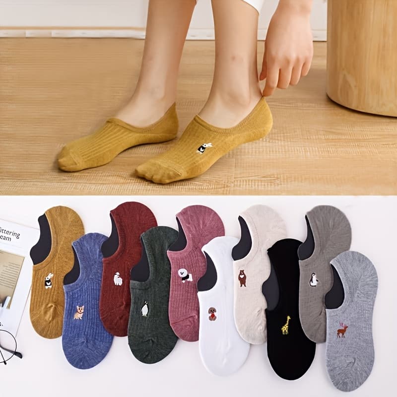 TEMU 10-pair Spring/summer Thin Non-slip Silicone Grip Invisible Low-cut Shallow-open Japanese-style Cute Cartoon No-show Socks
