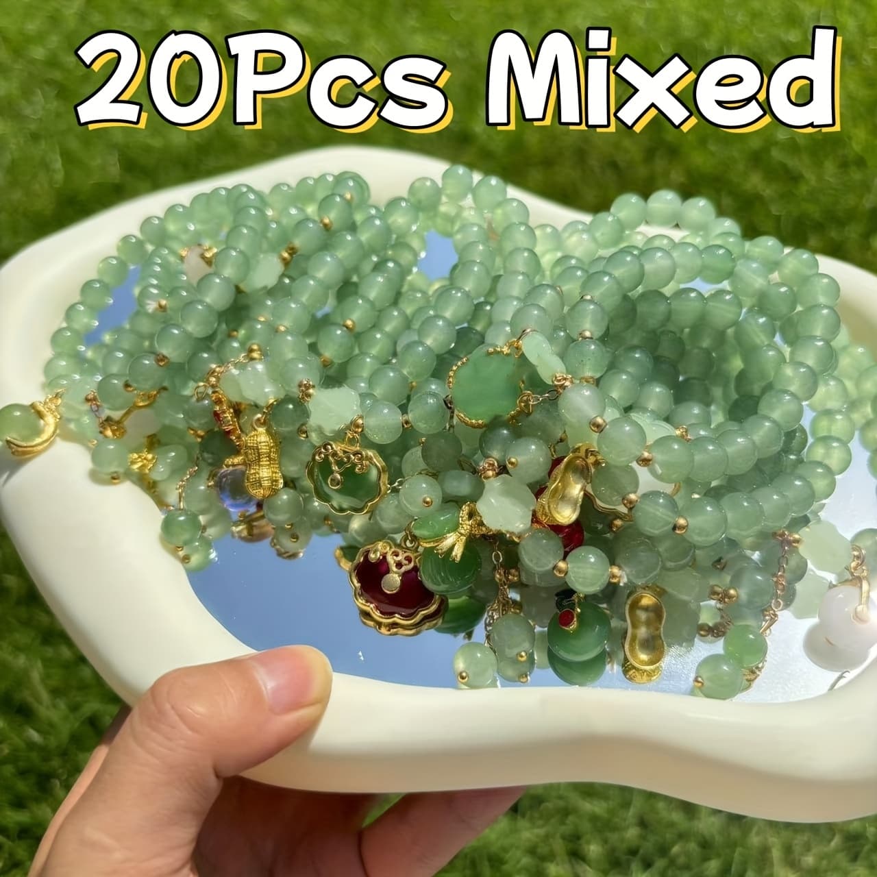 TEMU 10/20pcs Bohemian Handmade Green Glass Elastic Bracelets Set - With Flower Safe Pendants, Perfect For Daily Wear, Holiday Parties And Anniversaries
