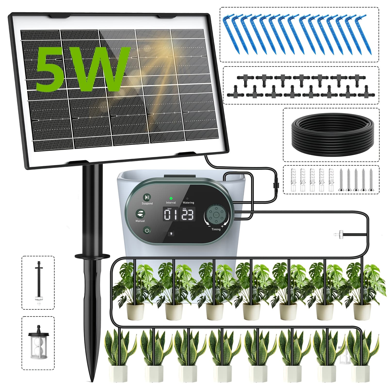 TEMU Solar Drip Irrigation System Kit, Auto Watering Kit For 15 Pots, 5w Solar Powered Diy Watering Device, 22 Timing With Anti-siphoning Device, For Outdoor Garden, Balcony
