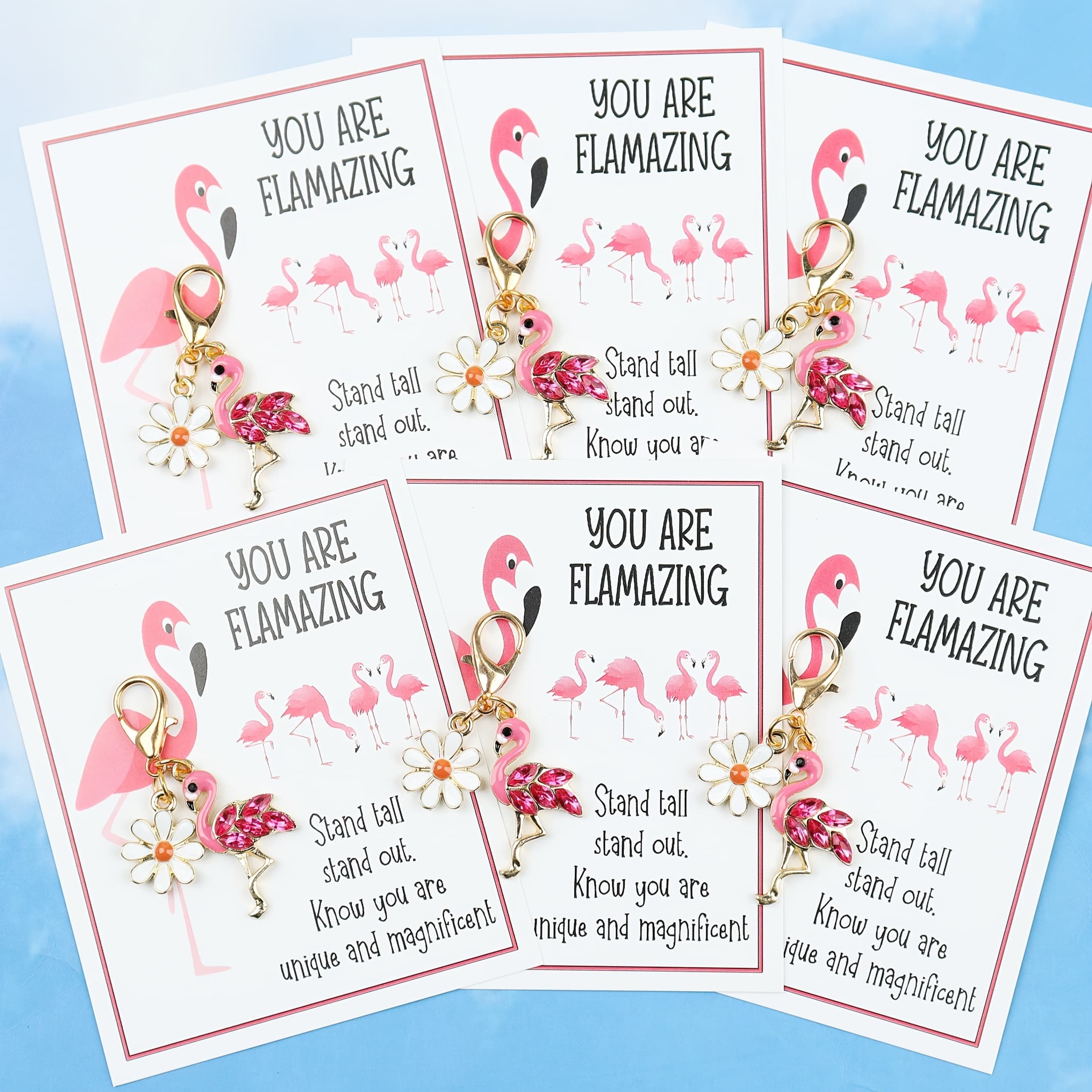TEMU 3pcs/6pcs Flamingo Daisy Keychains With "you Are " Affirmation Card - Cute Sparkly Charm, Encouragement Gift, Ideal For Birthday, Wedding, Graduation, Gift, Handbag Charms And Bag Accessories