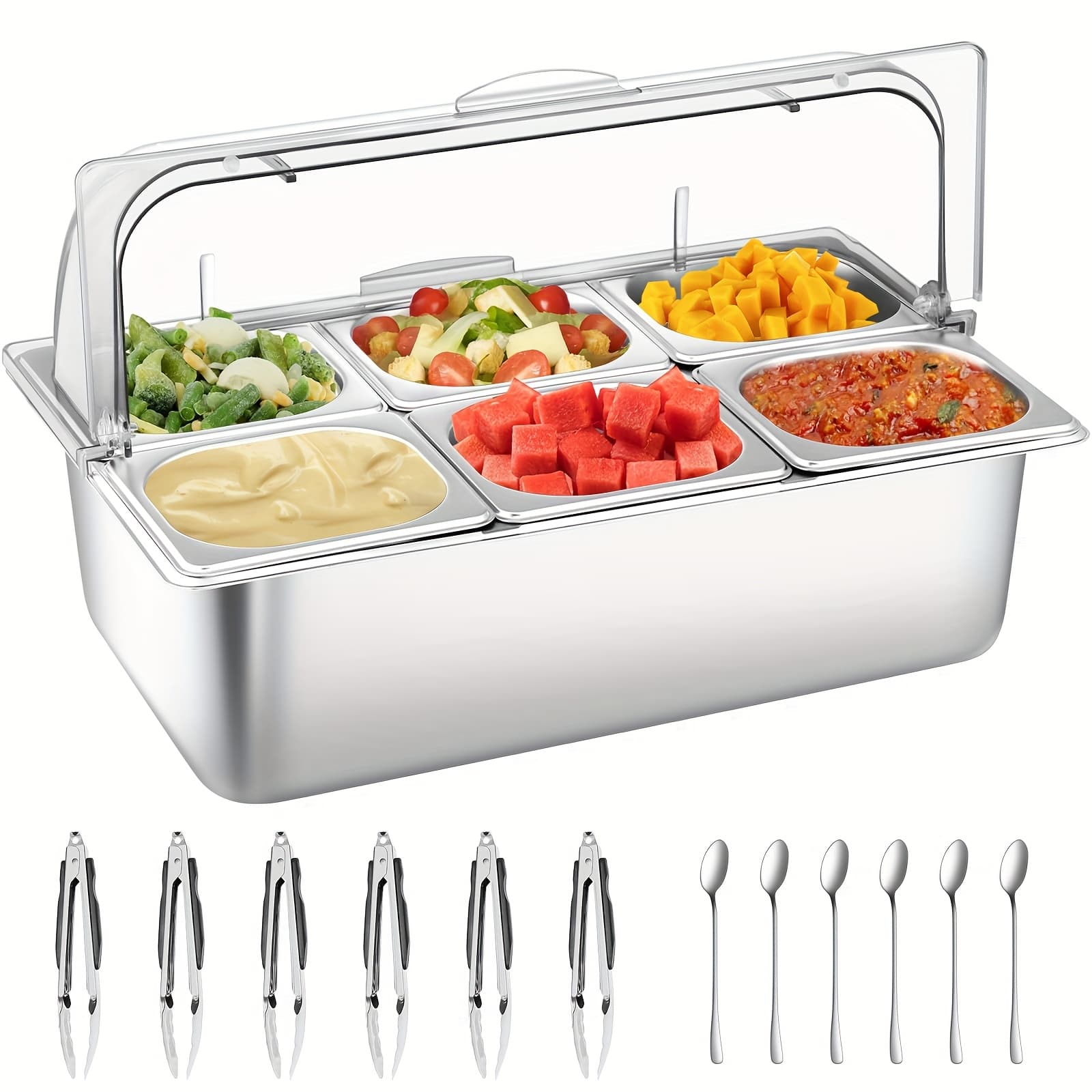 TEMU Countertop Food Serving Display Container With Clear Roll Top Cover, Stainless Steel Serving Tray Buffet Condiment Dispenser Ice Cooled Food Display Rack Pans, Cooking