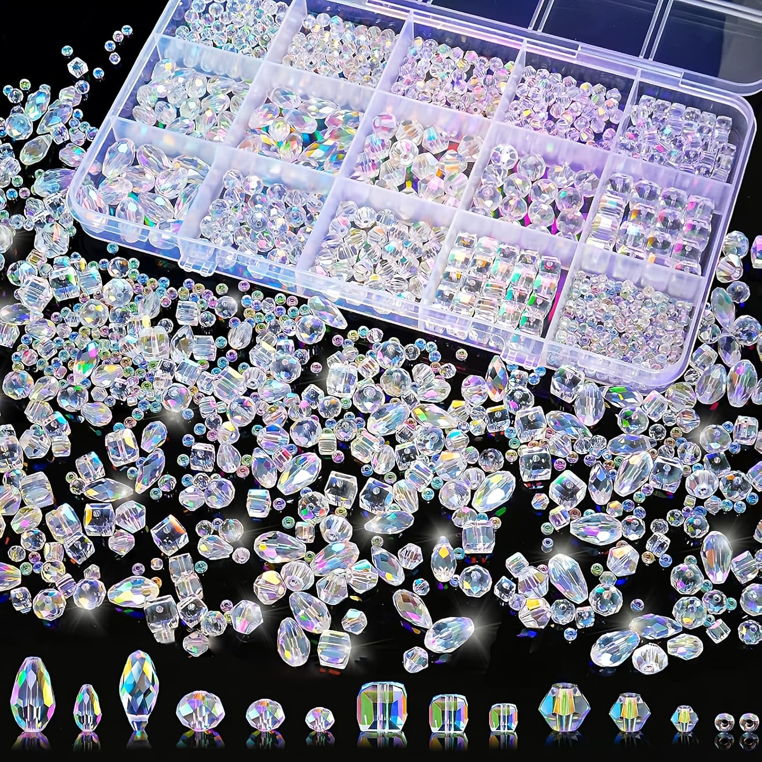 TEMU 900pcs Ab Bulk Glass Beads For Jewelry Making, Bracelets Necklaces Earrings, Transparent Crystal Craft Beads Bulk, 3-12mm Mixed Sizes