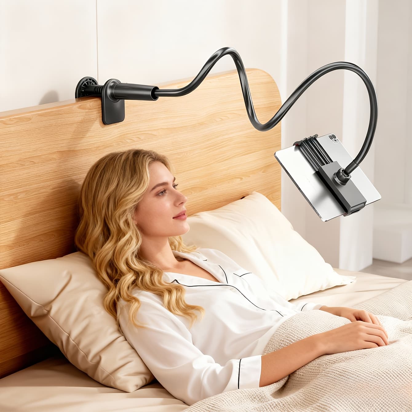 TEMU Black/ Tablet Phone Holder Universal Bedside Support 360° Adjustable Rotating Practical Clip-on Tablet Phone Holder - Plastic + Metal Hose Material