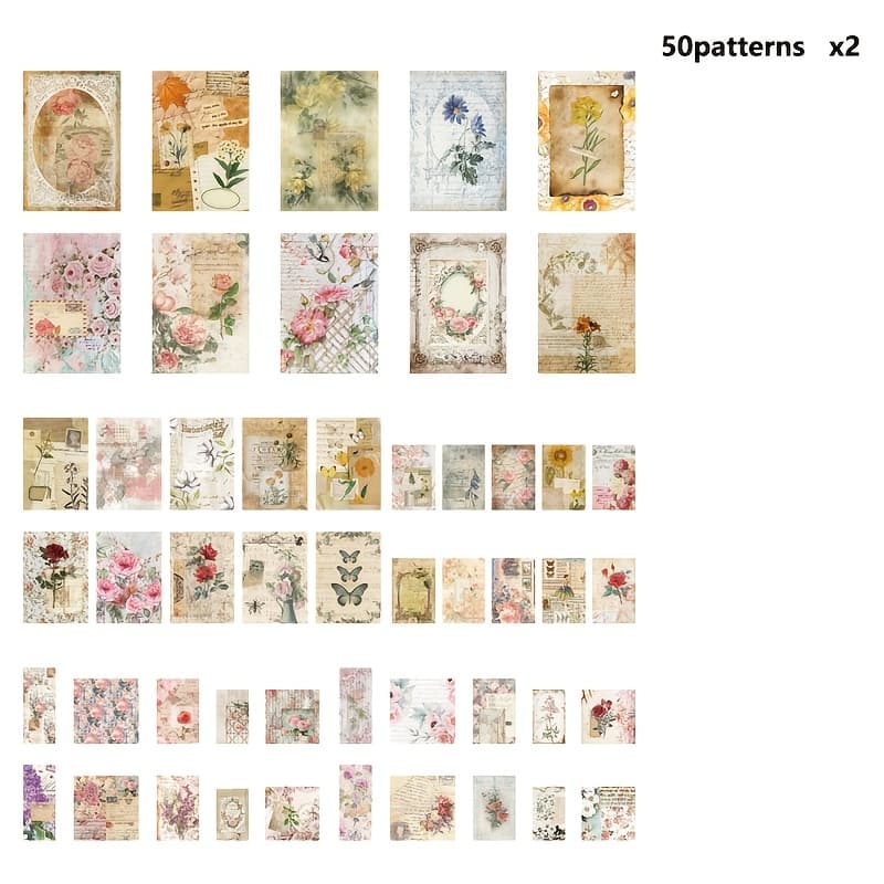 TEMU 1 Pack 100 Sheets Vintage Ticket Material Paper Plant Floral Pattern Decorative Background Base Collage Material Paper