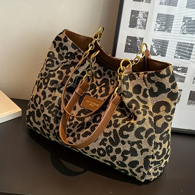 TEMU Ladies' Large Leopard Print Handbag - Fashionable Single Shoulder Handbag With Zipper Closure, Secure , And Polyester Lining - Perfect For Daily Commuting Or Leisure