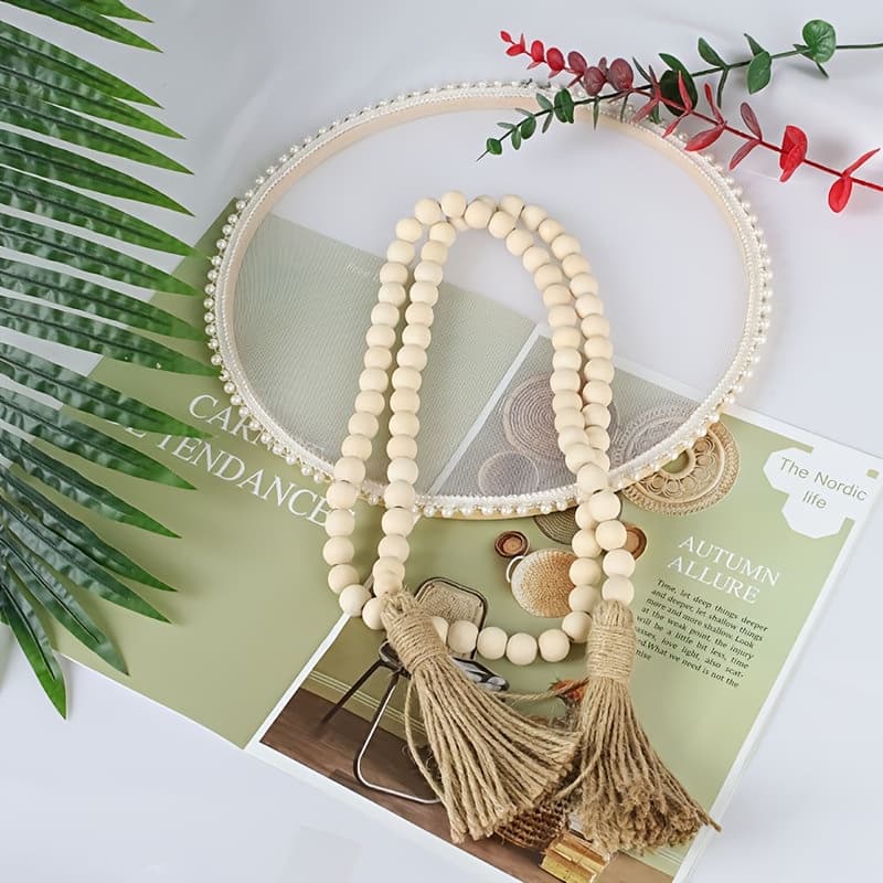 TEMU Wooden Bead Garland With Tassels, Rustic Country Decor, Bohemian Wall Hanging, Wall Ornament