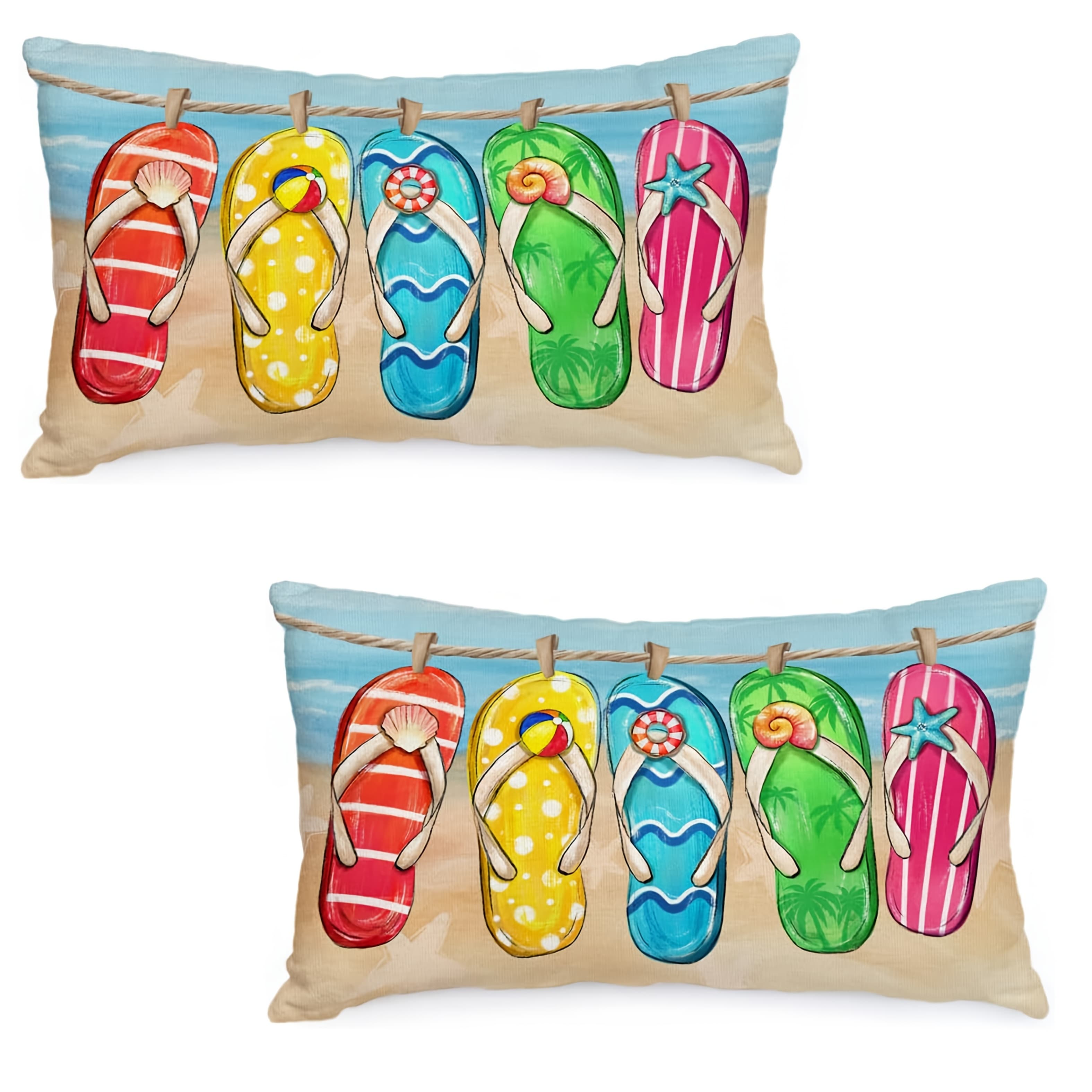 TEMU 2-pack Summer Beach Flip Flops Pillow Covers, 12x20 Inch, Tropical , Polyester 100%, Machine Washable, Zipper Closure, Woven Decorative Cushion Cases For Home & Sofa Decor