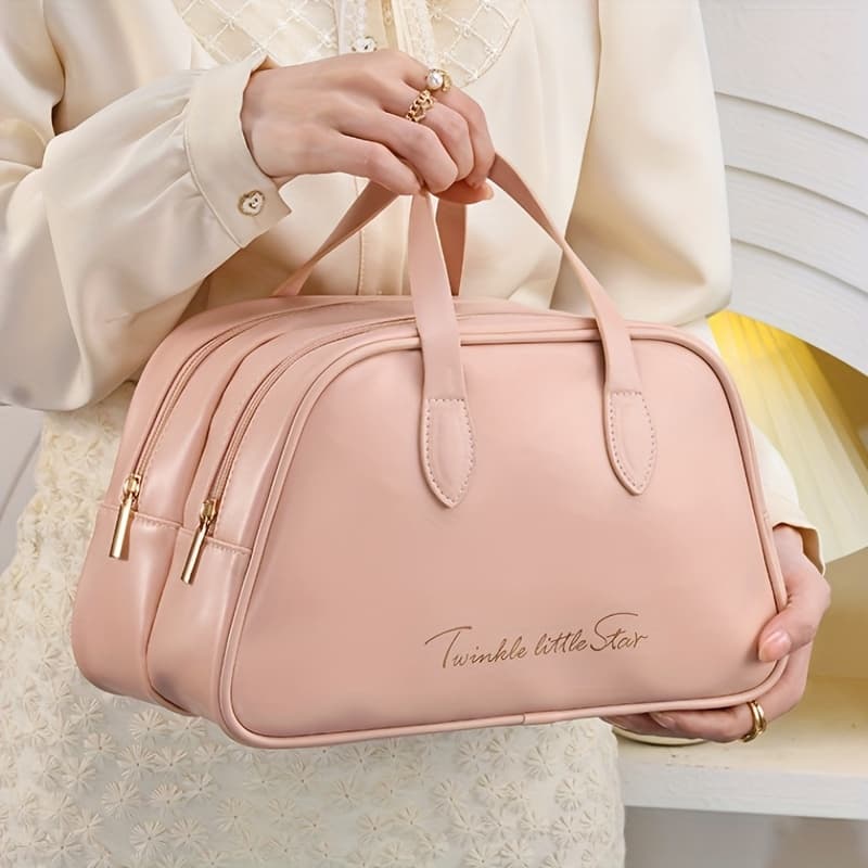 TEMU 1pc Large Capacity Travel Wash Bag - Elegant Pu Double-layer Cosmetic & Toiletry With Spacious Main Compartment & For &, Portable Storage Bag For Suits, Gym, Vacation, Daily Use - Pu
