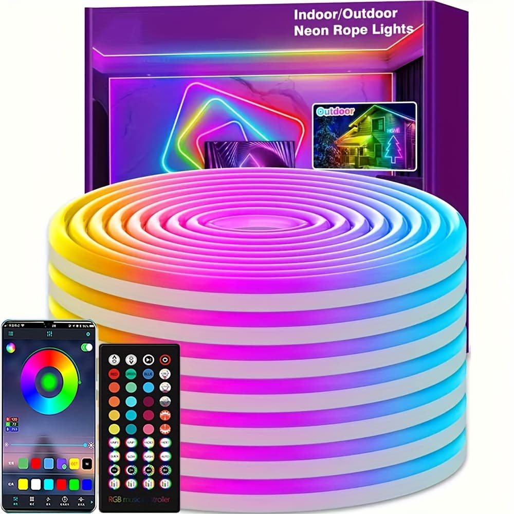 TEMU Led Neon Rope Lights Music Sync Ip65 Waterproof Flexible Led Rope Lights 44key Remote/app Control, Outdoor Rgb Neon Lights, Diy Wall Decor Neon Led Strip Lights For Bedroom Indoor.