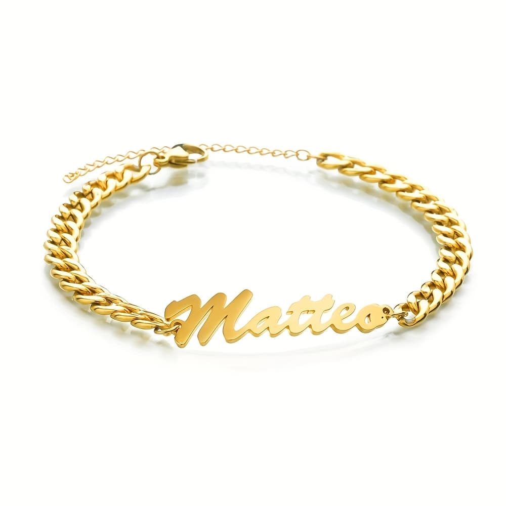 TEMU Personalized Name Bracelet Made Of Stainless Steel, Custom Letter Nameplate Pendant, Handcrafted Cuban Chain, Engraved Bangle, A Gift For Women
