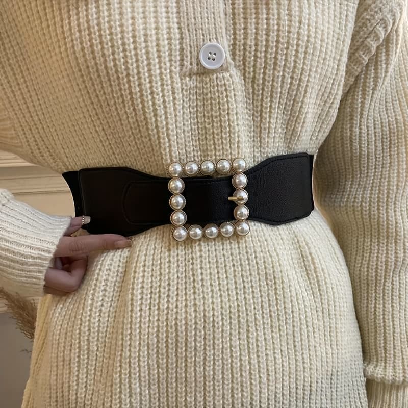 TEMU 1pc Pu Leather Belt Women Fashion Simple And Elegant Decorative Belt For Sweater Stretchy Black Wide Waist Belt Suitable For All