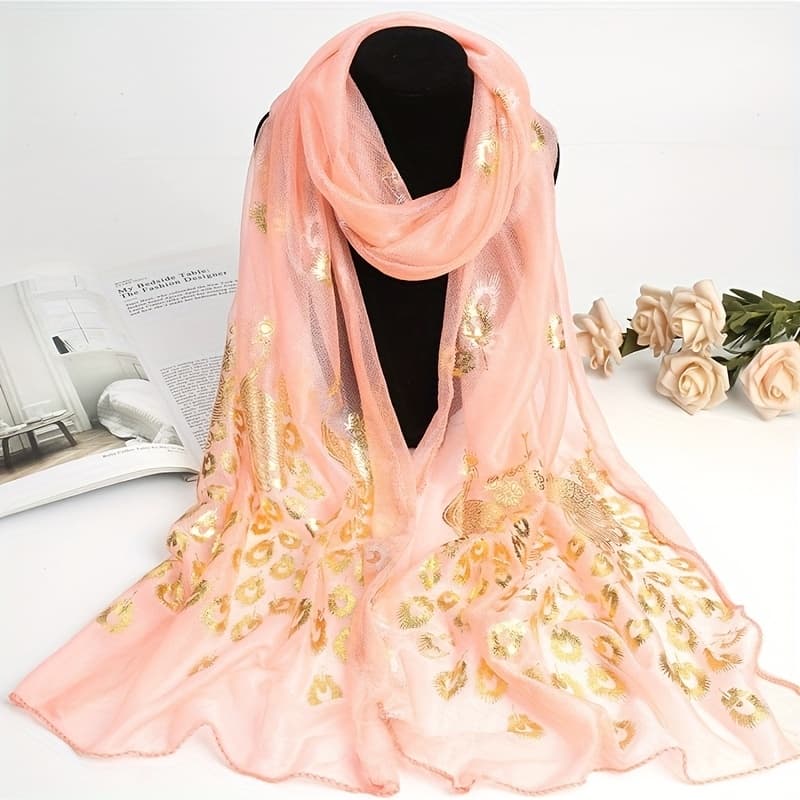 TEMU Hot Stamping Peacock Shawl Multi-functional Headscarf Scarf Long Ribbon Suitable For Beach Outing Versatile Fashion