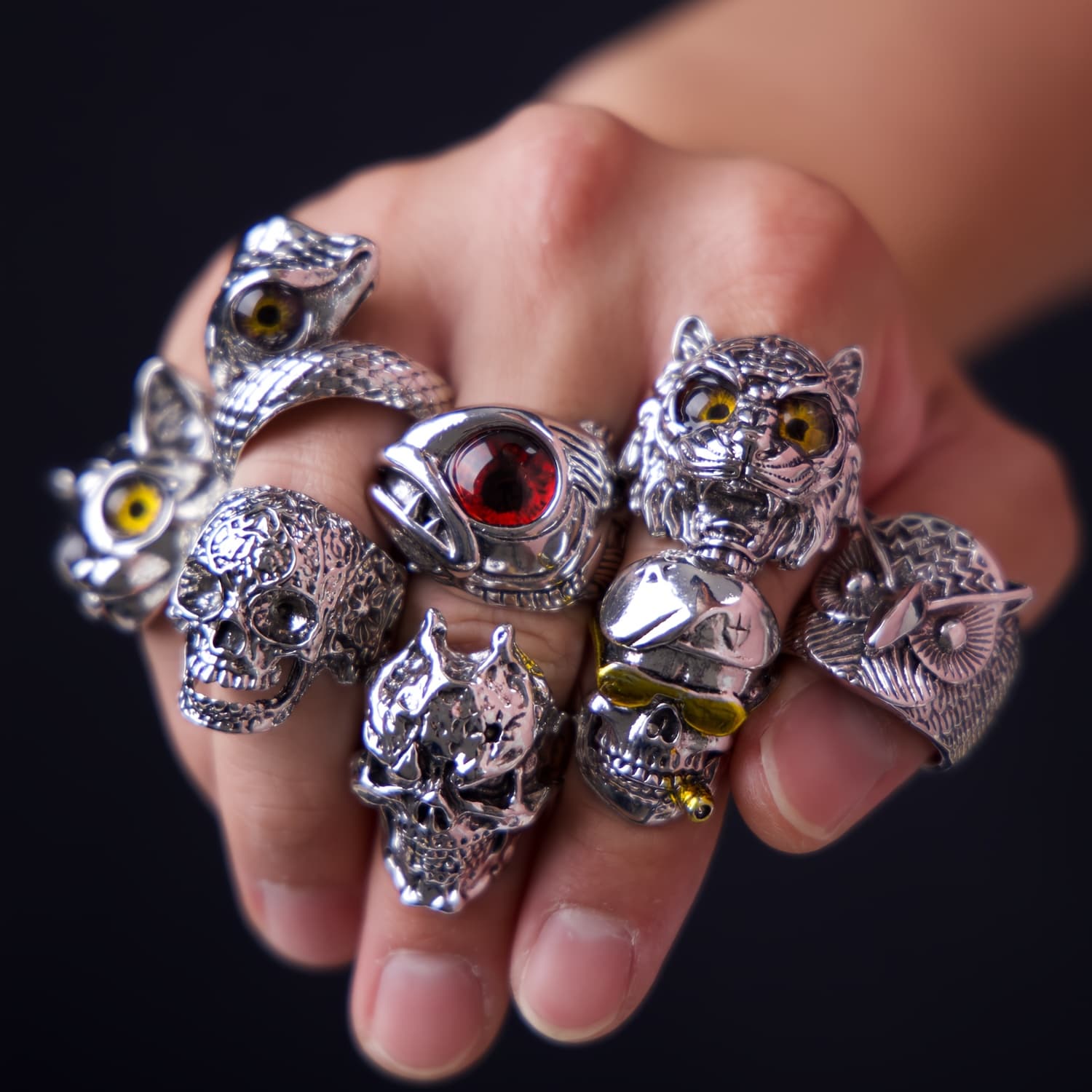 TEMU 8pcs Ring Set Punk Chunky Gothic Silvery Vintage Ring Large Ring Skull Cat Lion Snake Ring Size Adjustable