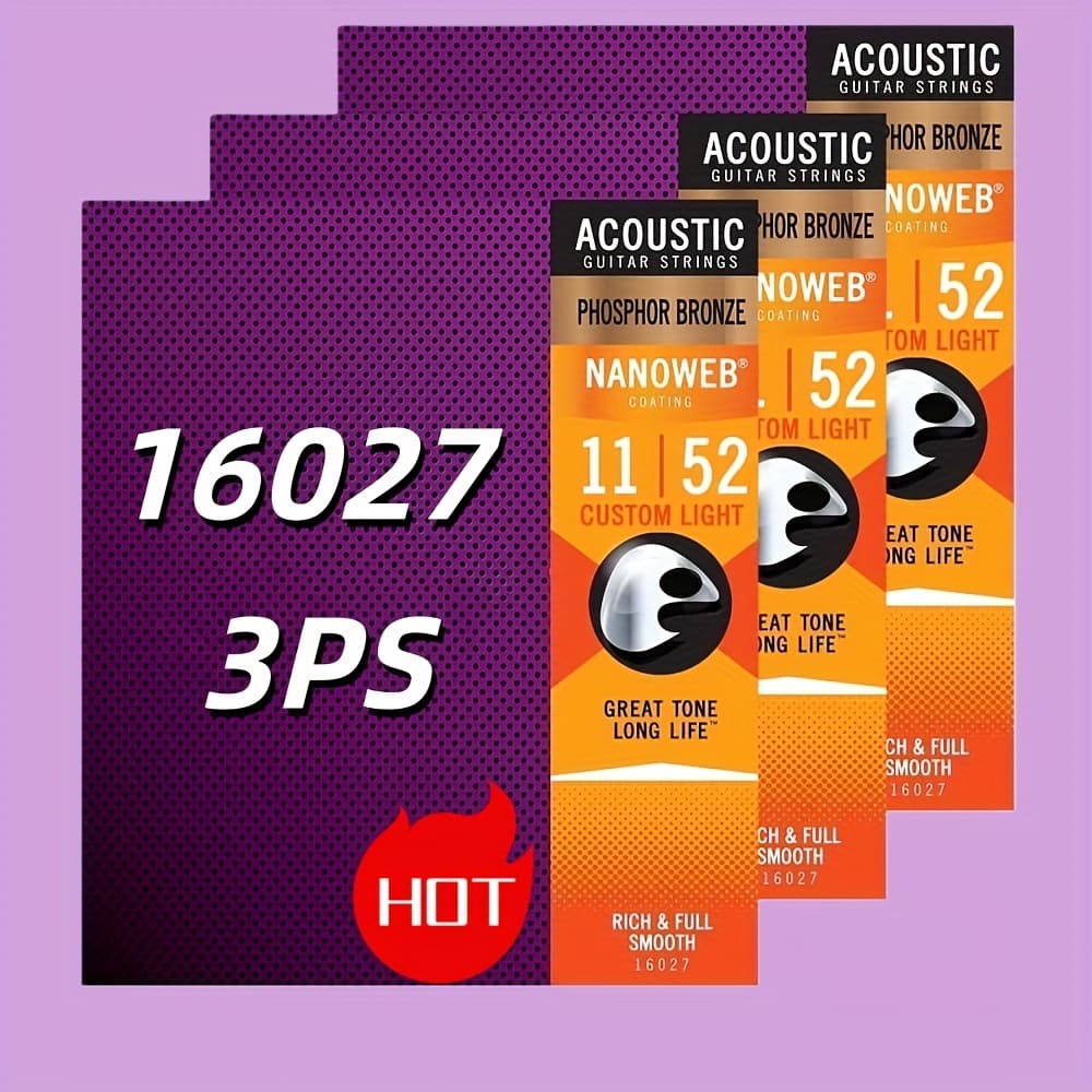 TEMU 16027 Three-piece Set | Bronze Acoustic Guitar Strings With Roundwound, Coated End, Mixed Color - Superior Tone, Smooth Play, Professional-grade Stability