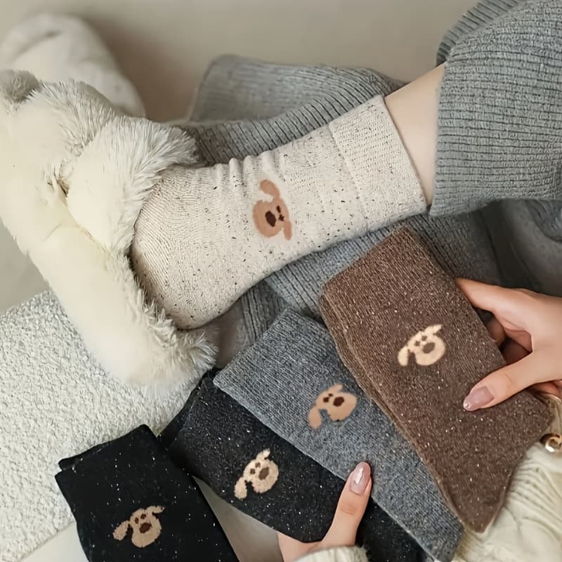 TEMU 5 Pairs Women's Cute Puppy Print Mid-calf Socks - Soft Polyester , Machine Washable, Options For Outdoor Casual & Casual Attire, Cute Socks, Dog Pattern, Textured Fabric