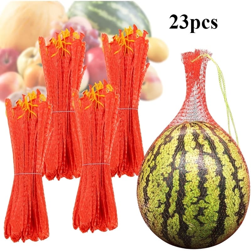 TEMU 23pcs Melon Hanging Net - Reusable, With Red Mesh And Yellow Lace Trim Design, For Garden Products, Watermelons, , Prevents Rotting And Animal Damage