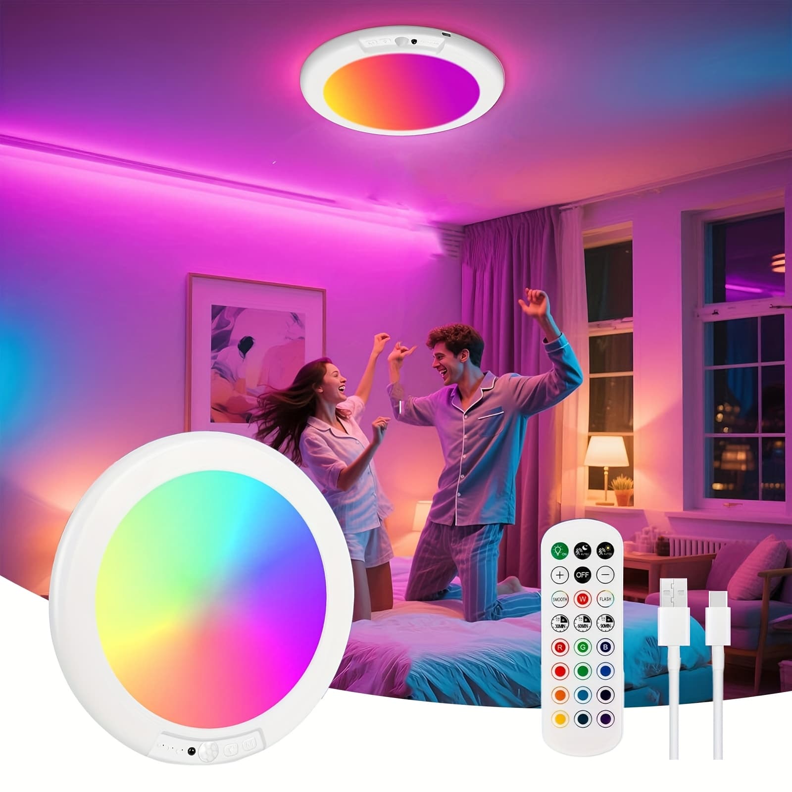 TEMU Rechargeable Led Ceiling Light With Remote, Color Changing And White Light, Magnetic Motion Sensor Light For Shower Bathroom Closet, Halloween Or Christmas Gift For Home Decor