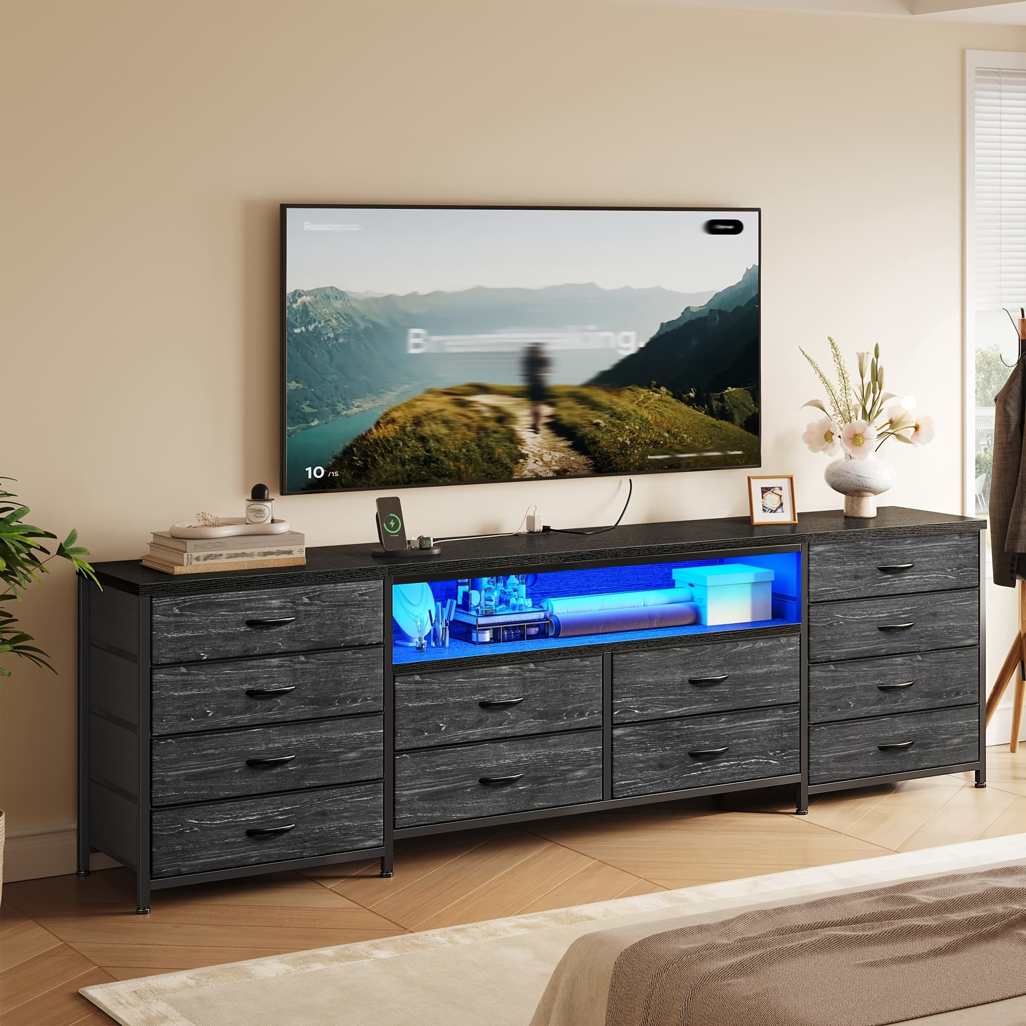 TEMU 63" Tv Stand With Led Lights And Power Outlets, For Tvs Up To 75", 12-drawer Fabric Dresser, Entertainment Center For Living Room, Bedroom, Hallway, Black