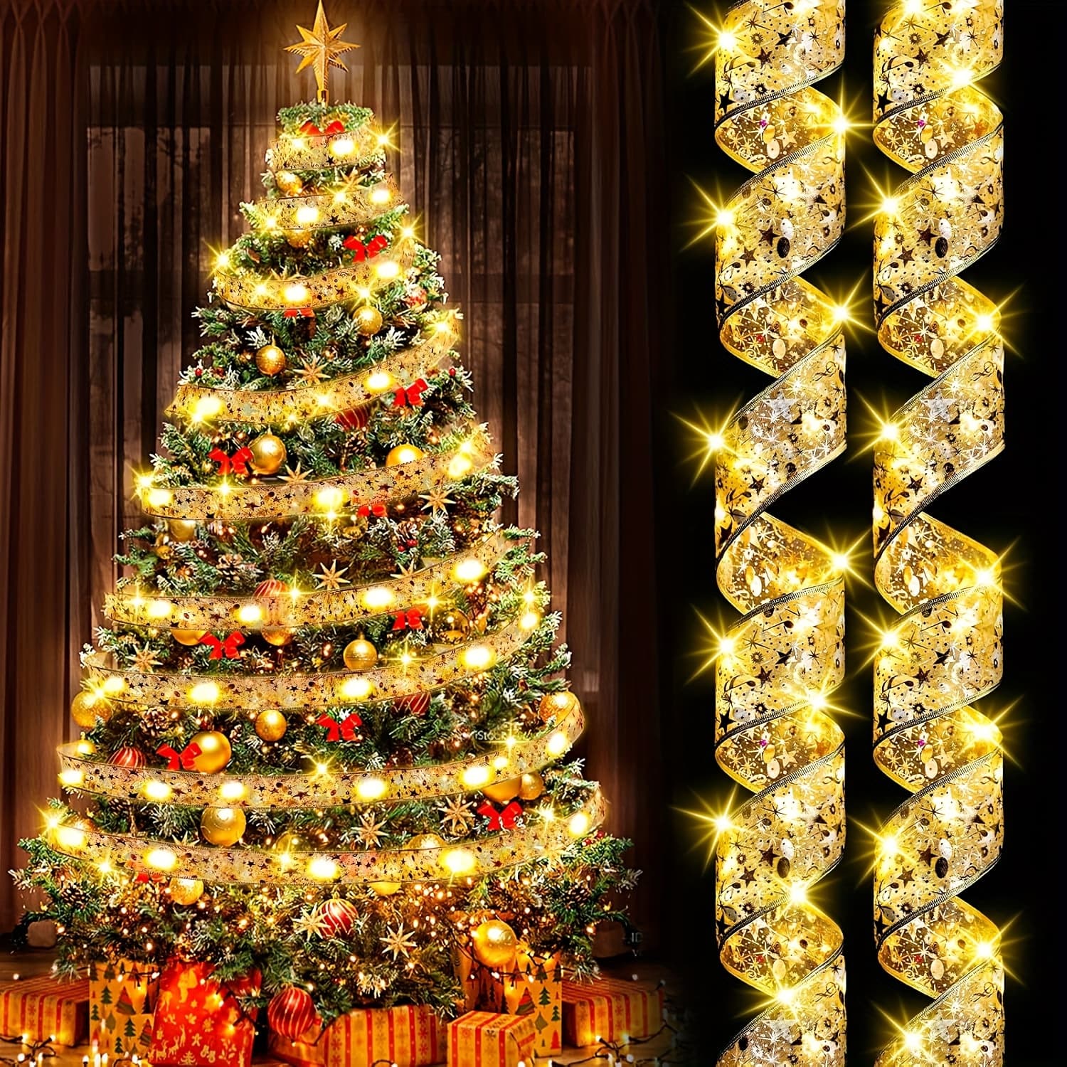 TEMU 1pc 33ft Christmas Ribbon Fairy Lights Golden Christmas Lights Lighted Ribbon Garland For Christmas Tree Golden Garland Christmas Decorations Indoor Party Decorations, Warm White