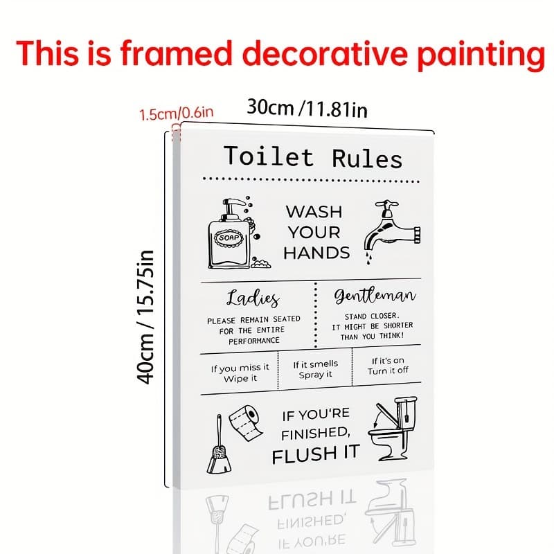 TEMU 2d Flat, 2d Flat, 1pc Rustic Canvas Wall Art Featuring Toilet Rules - A Vintage Bathroom Decoration With Funny Prints On A Wooden Backdrop, Framed And Made With High-quality Materials