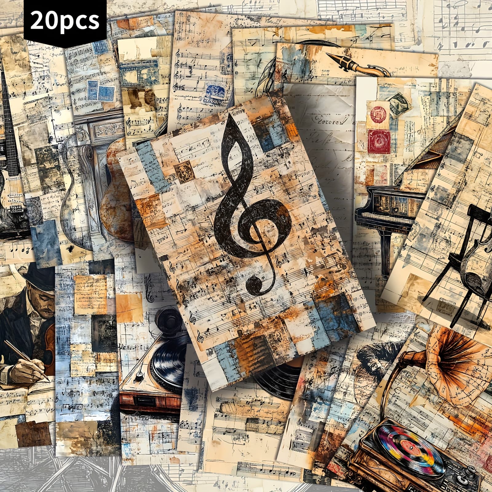TEMU 20-pack Vintage Music Instruments Postcards - 4x6 Inches Junk Journal Paper, Classic Pinup Illustrations, Collectible Decorative Painting Cards For Scrapbooking & Crafting