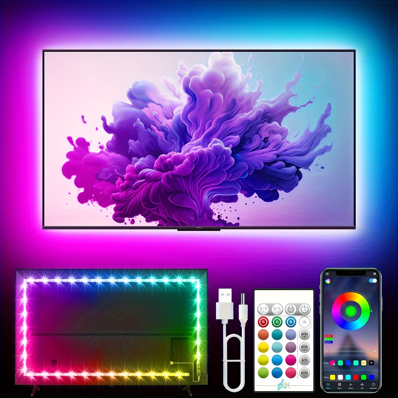 TEMU Tv Led Lights 16.4ft Led Lights For 45-75 Inch Tv Rgb Color Changing Light Strip For Tv With Remote Music Sync App Control Tv Lights Behind Usb Powered For Bedroom And Room