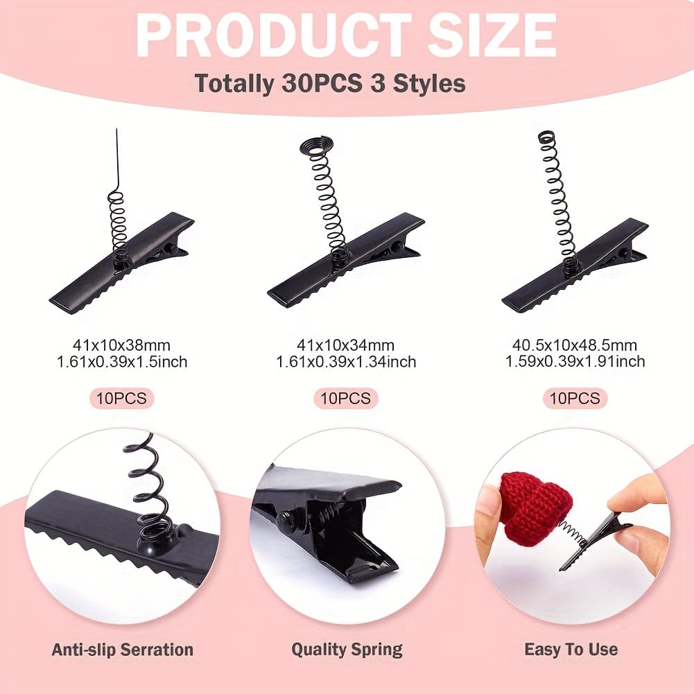 TEMU 30-pack Assorted Styles Iron Alligator Hair Clip Bases With Spring, Black, 10pcs Per Style, Making Hair Accessory Components