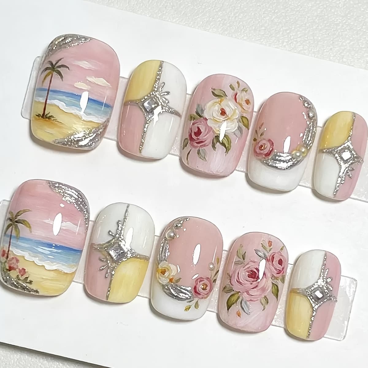TEMU Handmade Short Square Niche Fresh Gentle Nude Seaside Silvery Gilded Dotted Vintage Oil Painting Pink -blocking Four-grid Wearable Nails, Gentle And Cute Fresh Manicure, Detachable And Reusable