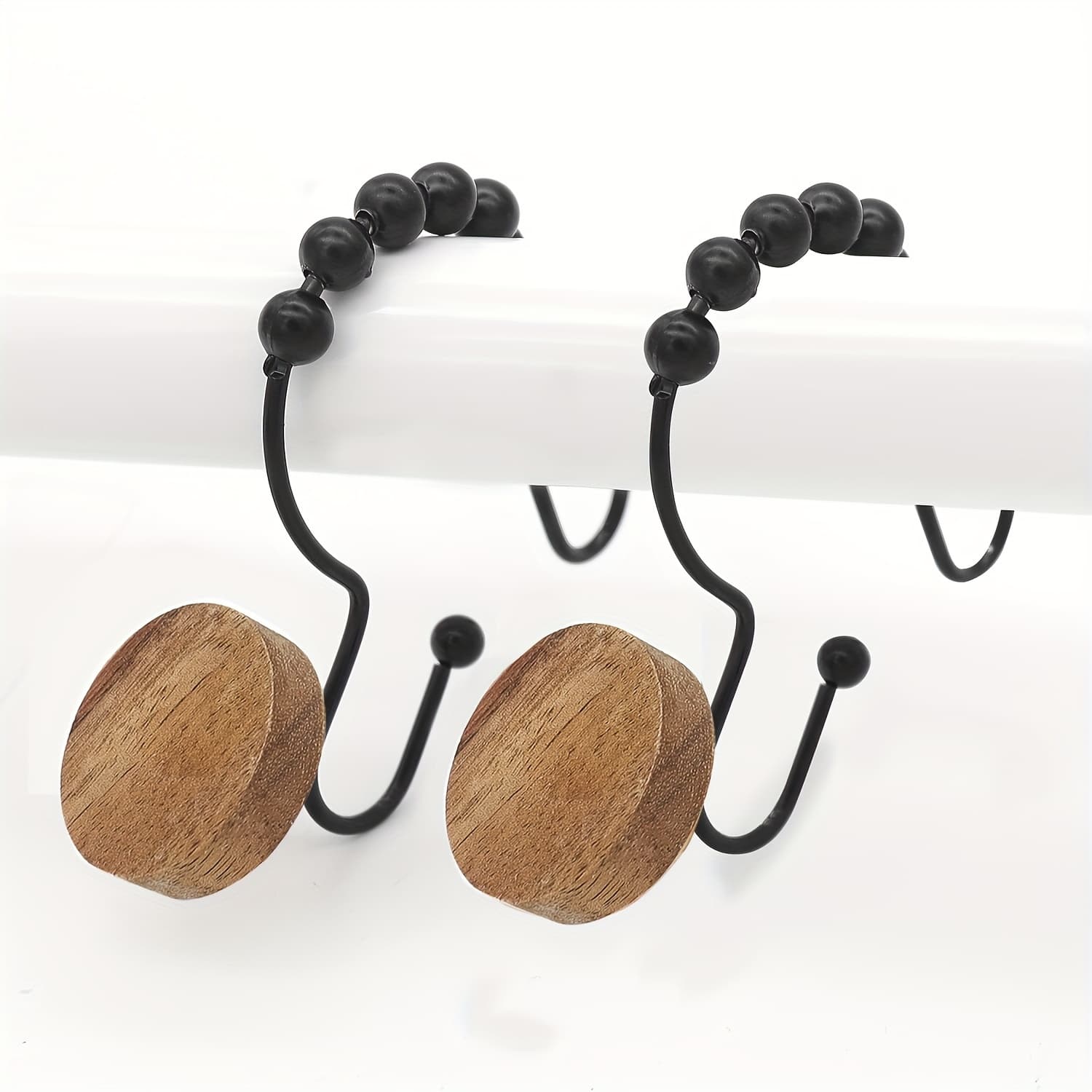 TEMU 12pcs Elegant Solid Wood Shower Curtain Hooks With Smooth Sliding - Rustproof, Waterproof Metal Hooks For Bathroom Decor