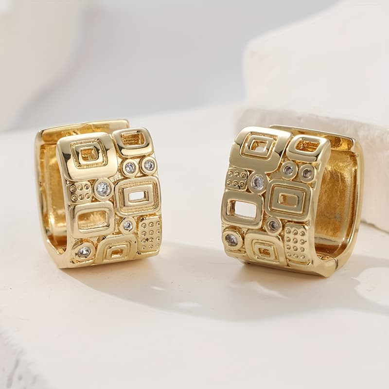 TEMU Vintage Wide Copper Material Hand Inlaid Synthetic Zirconia Earrings For Women, Bohemian Style Hoop Earrings