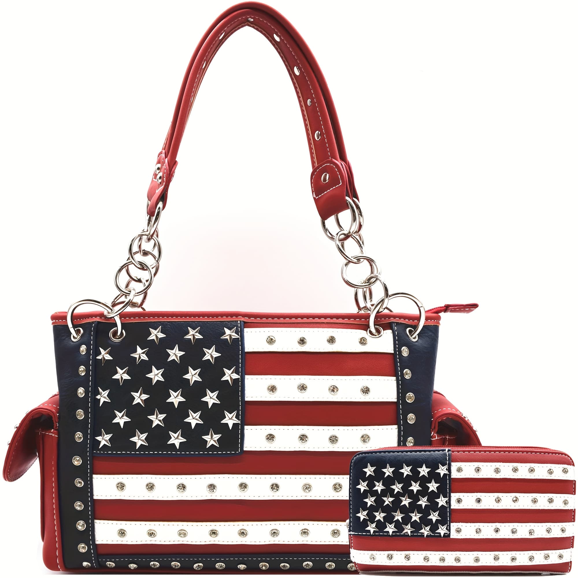 TEMU American Flag Usa Stars And Stripes Patriotic Faux Leather Purse Women Country Handbag Wallet Set Red White And Blue