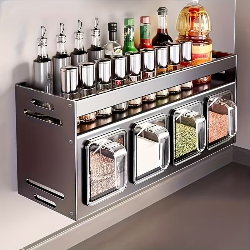 TEMU Wall-mounted Condiment Finishing Suit-durable Aluminum Without Drilling Installation, Including Seasoning Containers And Jars For Kitchens And Restaurants