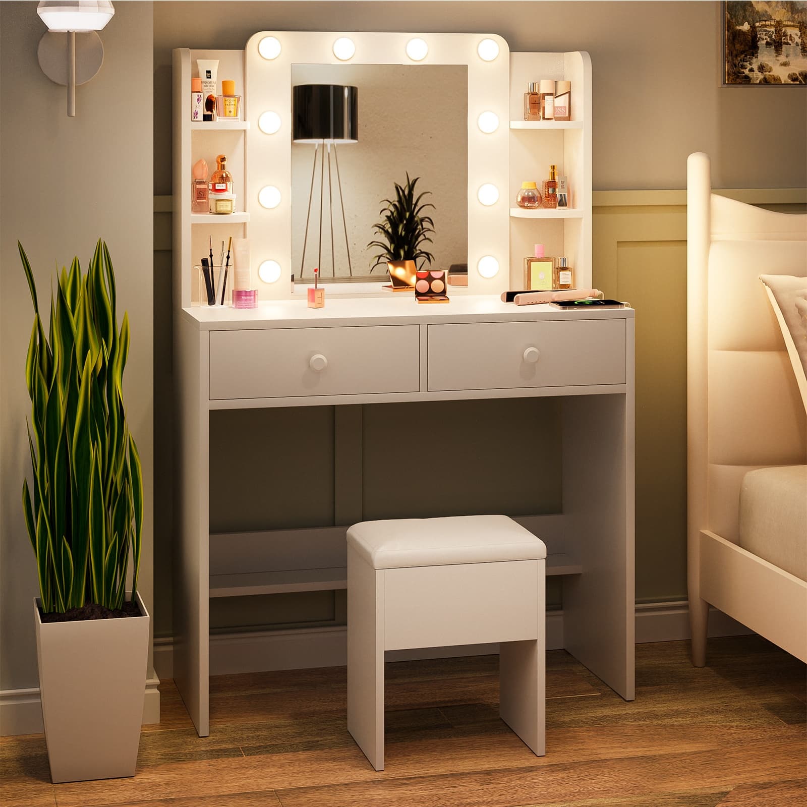 TEMU White Vanity Desk With Mirror & 10 Led Lights, Makeup Table With Drawers, Power Outlet & Chair