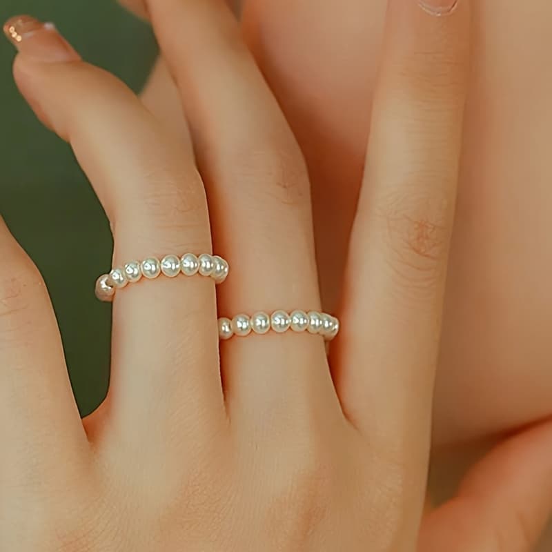 TEMU 2pcs Elegant Stretch Freshwater Pearls Rings - Adjustable Elastic Fashion Rings With Freshwater Pearls, & Wedding Jewelry, Year-