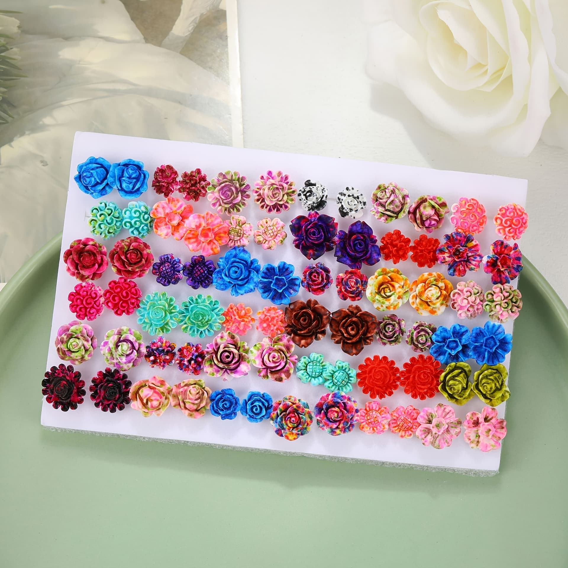 TEMU 72pcs/set Cute Cartoon Colorful Resin Flower Rose Stud Earrings, Decorative Accessories, Holiday Party Gift For Women, New Fashionable And Versatile Trendy And Temperament Earrings