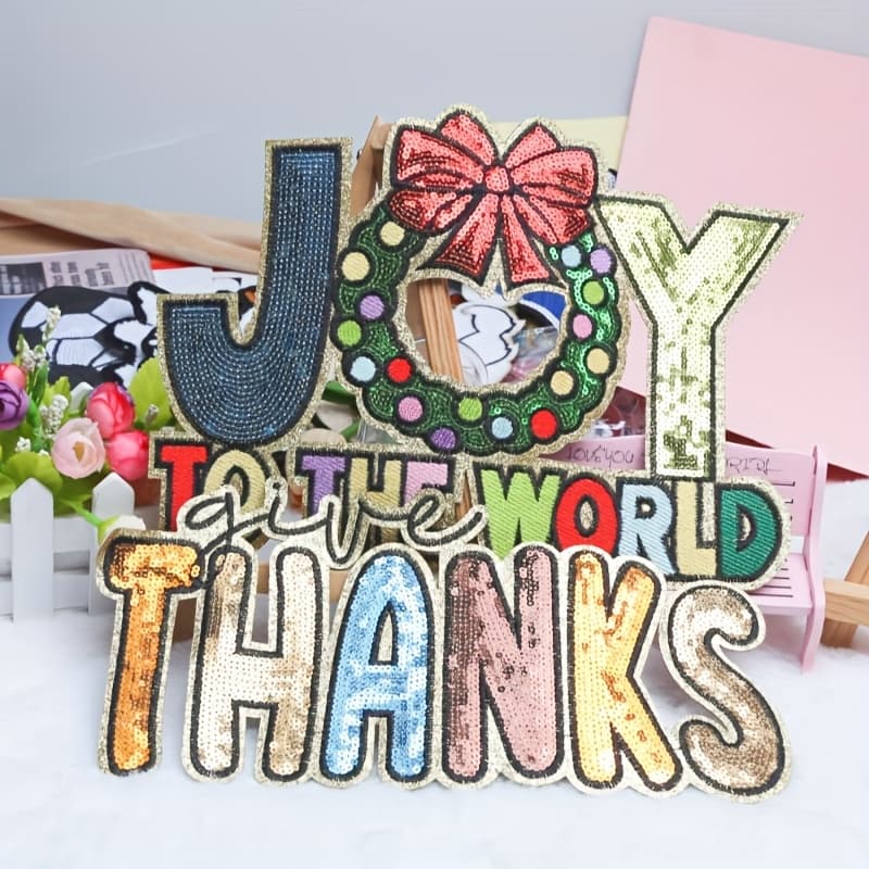 TEMU 2 English Strips For Christmas, Thanks, Joy, Wishing, Meaning, Sequined Embroidery Fabric, Ironing Clothing, Matching, Family Clothing Patch, Decorative Patch