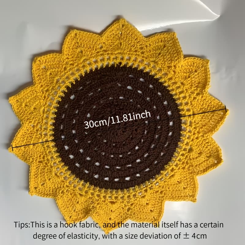 TEMU 1pc Handmade Crochet Sunflower Shaped Table Mat 30cm/11.81inc, Gift For Party Decorations, Outdoor Picnics, And Summer Home Decor