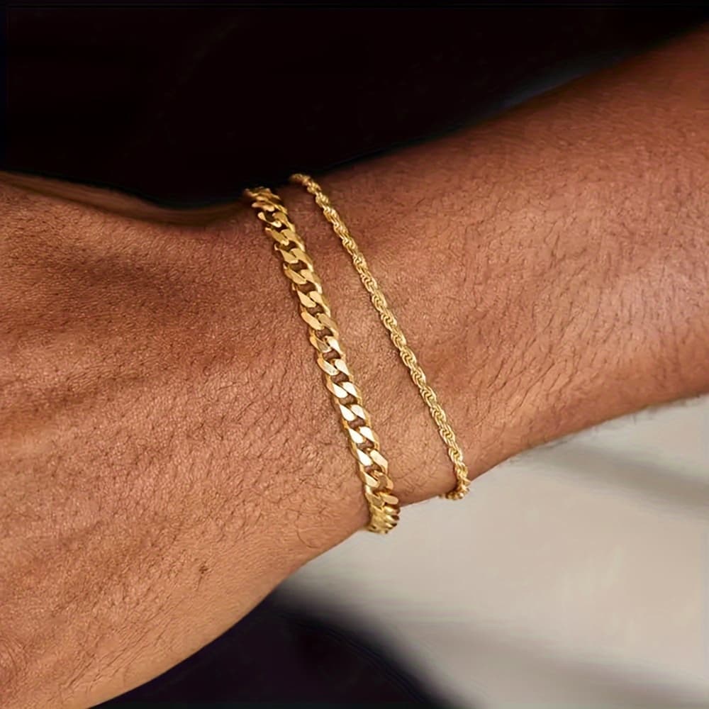 TEMU Men's 18k Gold Plated Bracelet Set, Silvery And Golden Cuban Link And Rope Chain Bracelets, Easy Men' Trendy Cool Bracelet