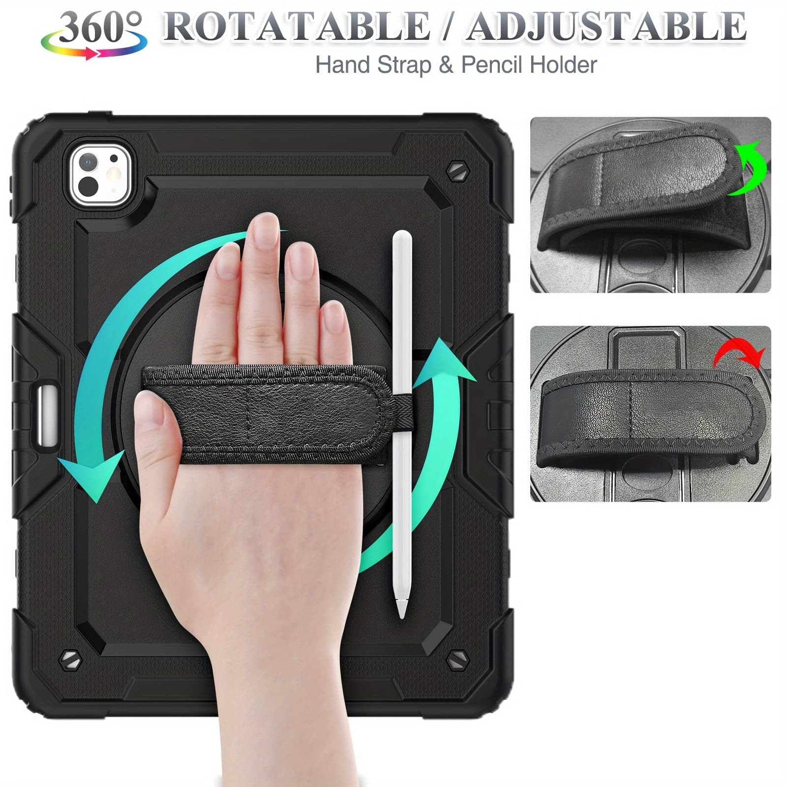 TEMU For Ipad Pro 13 Inch (m4) Case 2024, Shockproof Protective Case With Pencil Holder Screen Protector, 360 Degree Rotate Stand Case With Hand/shoulder Strap Case, Black, July 4th Gifts