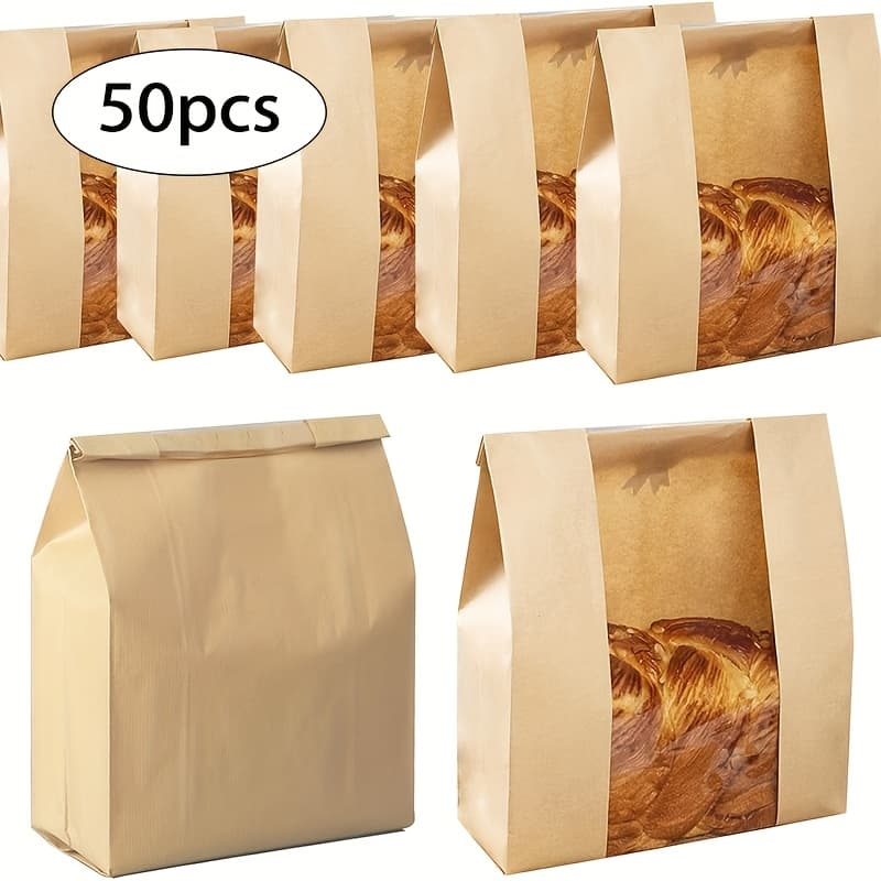 TEMU Paper Bread Bags With Clear Window & Label Seal Stickers - Suitable For Homemade Sourdough, - Brown Bakery Bags For Bakeries, Markets, Freezer & Pantry Storage