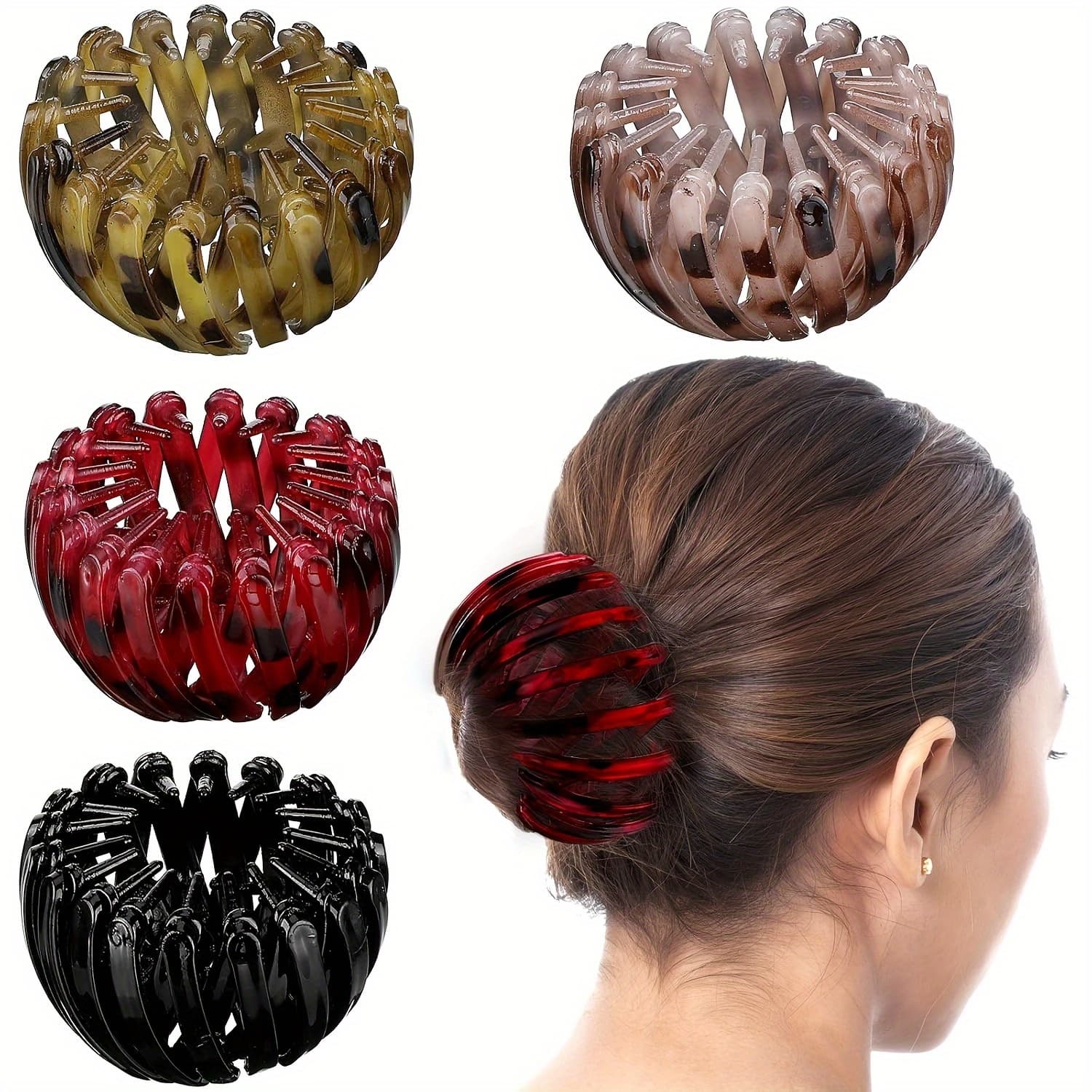 TEMU 4pcs Women's Fashion Nest Magic Hair Clip Expandable Ponytail Holder Retro Geometric Retractable Hair Ring Round Bun Hairpin