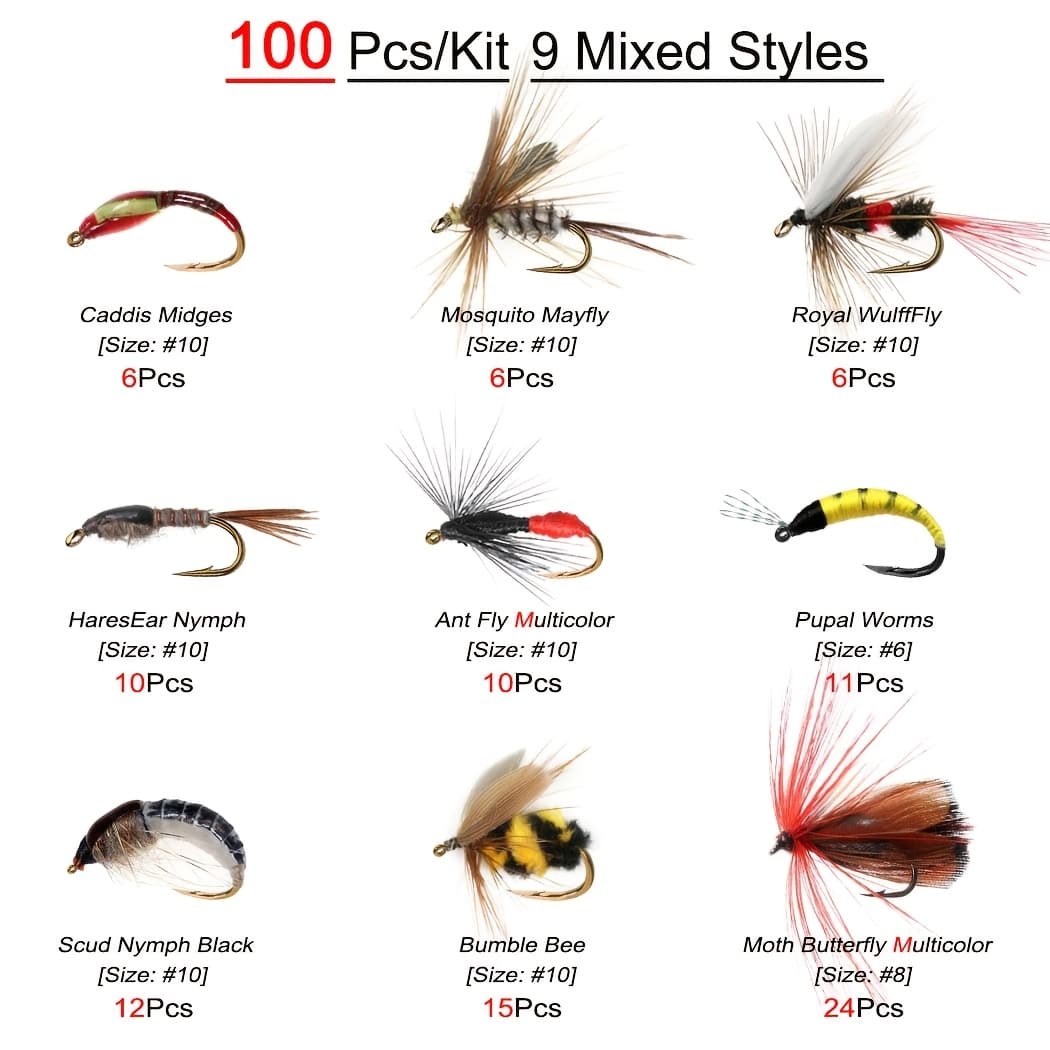 TEMU Assorted Fly Fishing Lures Set For Trout And , Includes 100pcs With Dry And Wet Flies, Nymphs, Streamers, And Poppers In A Fly Box