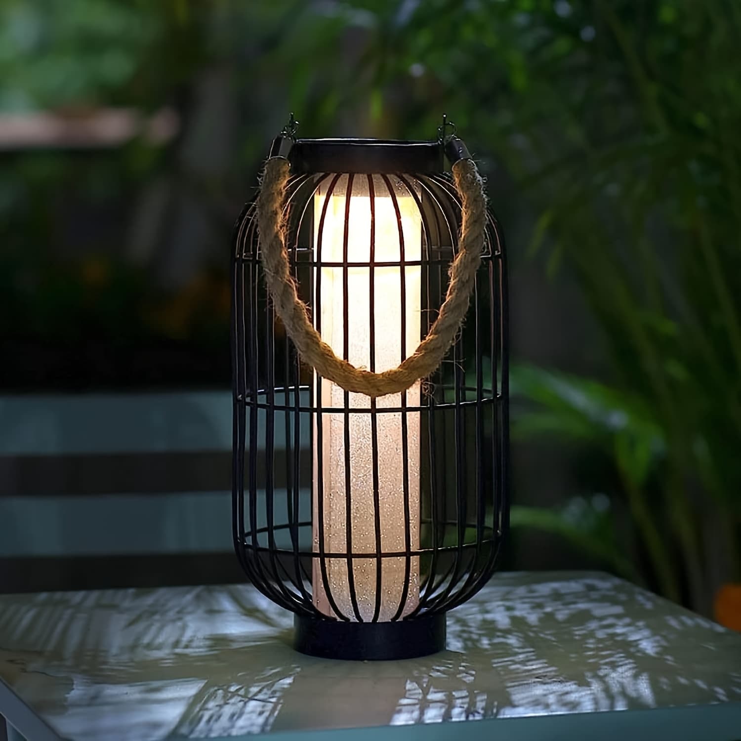 TEMU Large Solar-powered Metal Lantern - Led Hanging Light Ip44 Waterproof For Garden, Patio, Porch, Lawn, Pathway Decor, Black Retro Design