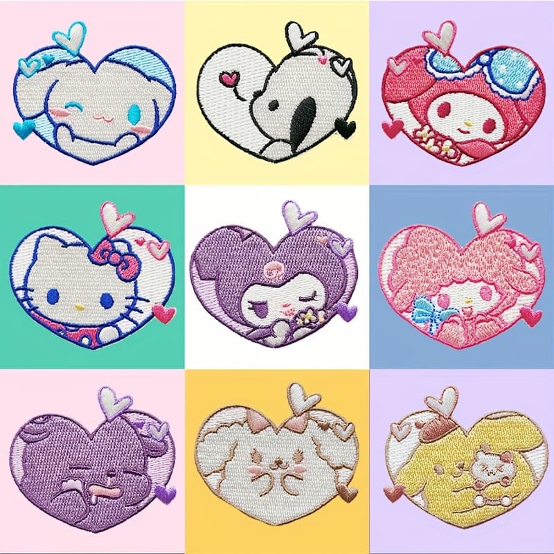 TEMU 9pcs Heart Embroidery Patch Set, Cute Kuromi Cinnamoroll Cartoon For Iron-on Clothes, Pants, Skirts, Backpacks And Hats