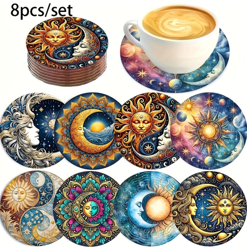 TEMU Set Of 8 Mandala Sun And Moon Coasters - Wooden Drink Mats For Coffee And Tea, Ideal For Yoga And , Bohemian Style Home Decoration