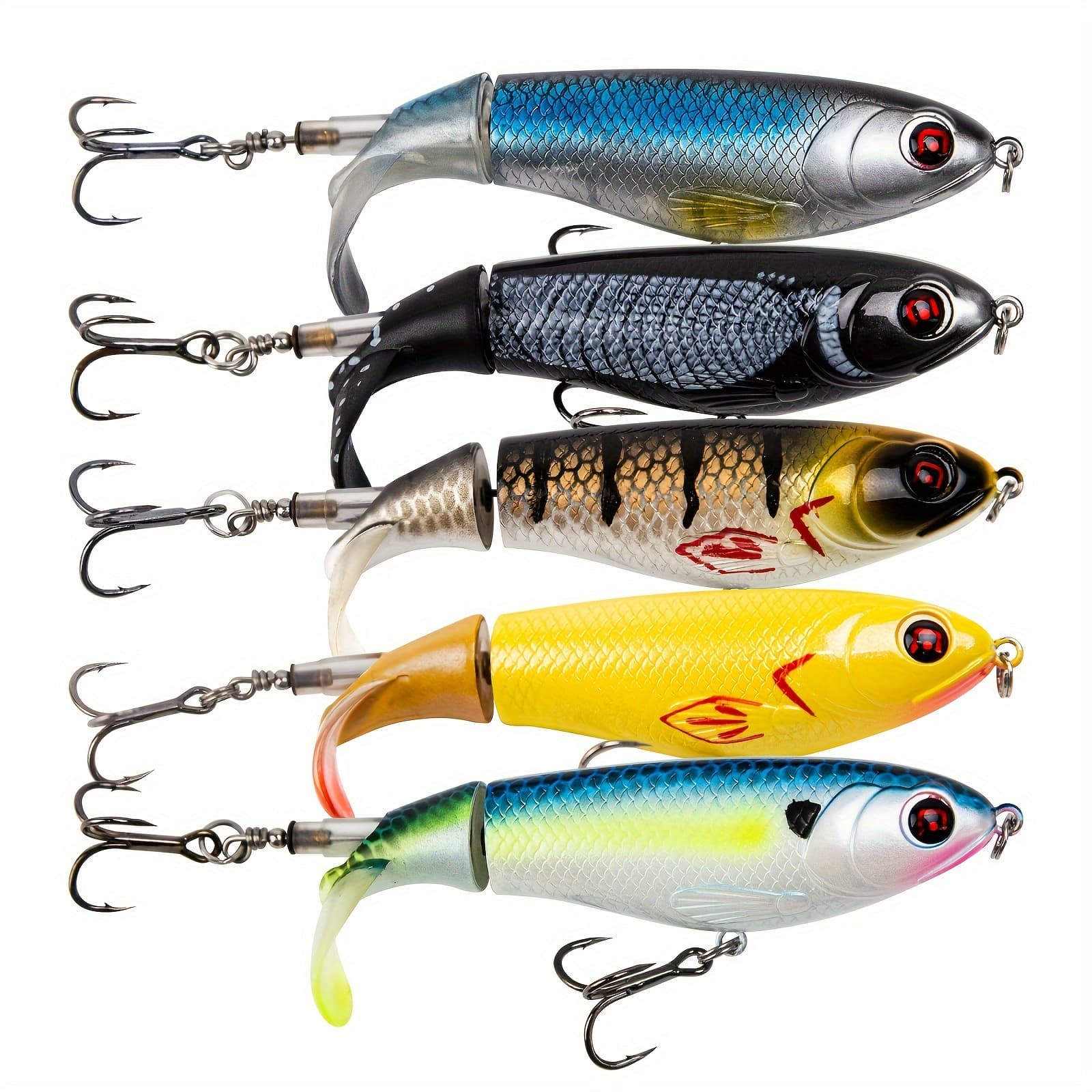 TEMU Box Of 5 Topwater Rotating Tail Hard Baits For Fishing - Floats, With Treble Hooks, Realistic Movement, Suitable For , Trout, And Perch - High-quality Fishing Gear