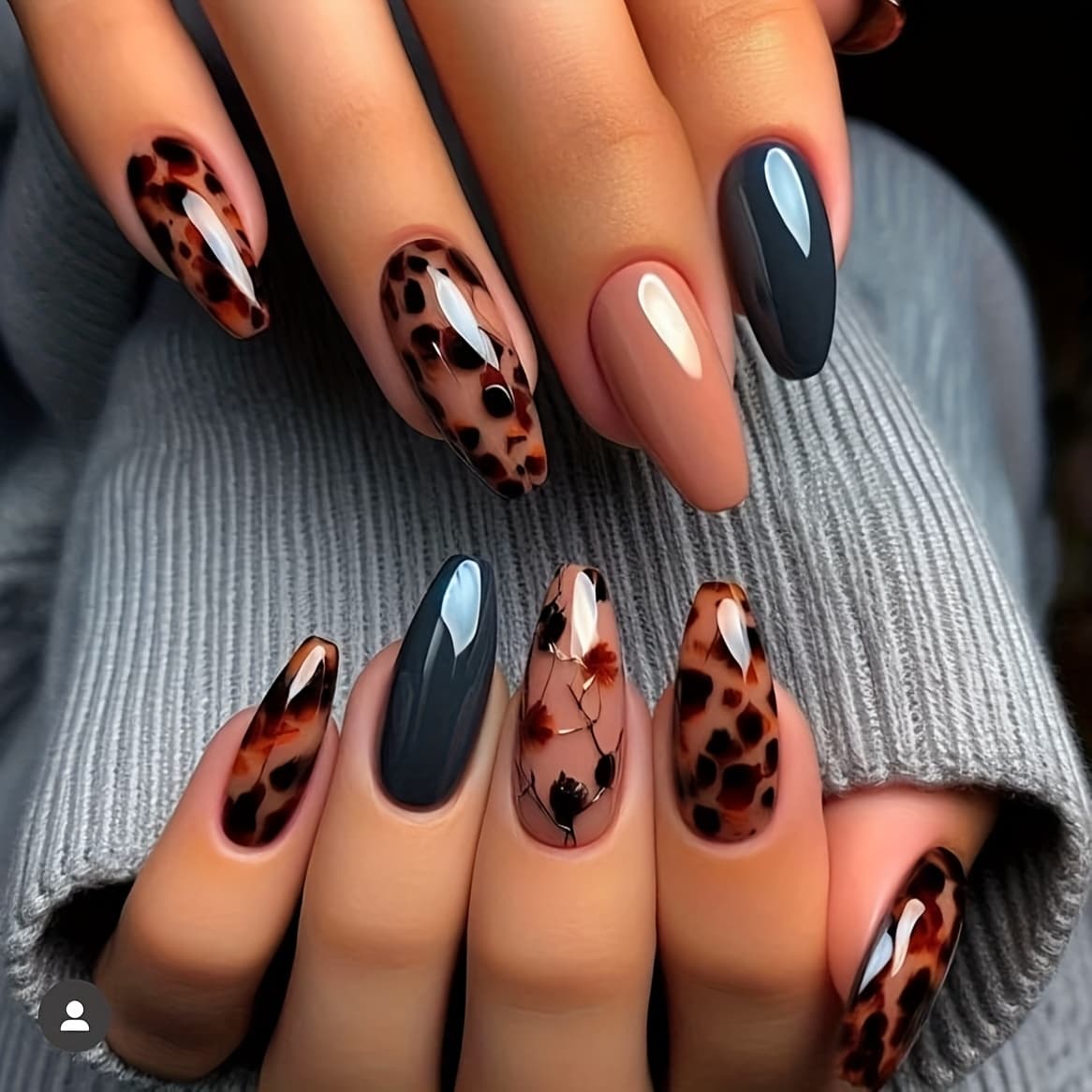 TEMU Ladies' Nail Set In Brown And Blue Shades, Ballet Style Medium-length Manicure With Solid Colors & Coffee Leopard Print Patterns, Glossy Finish For Women And