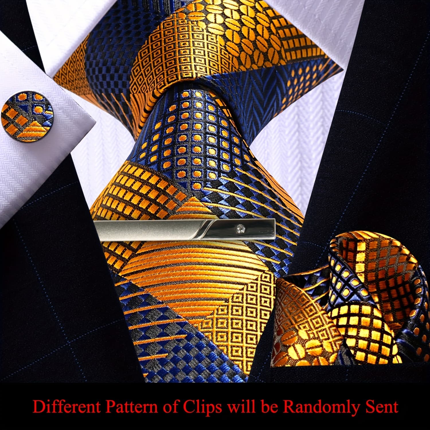TEMU 4pcs Men's Golden And Blue Polyester Tie Set With Pocket Square, Cufflinks, And Clip - Woven Necktie For Wedding Groom Party Gift