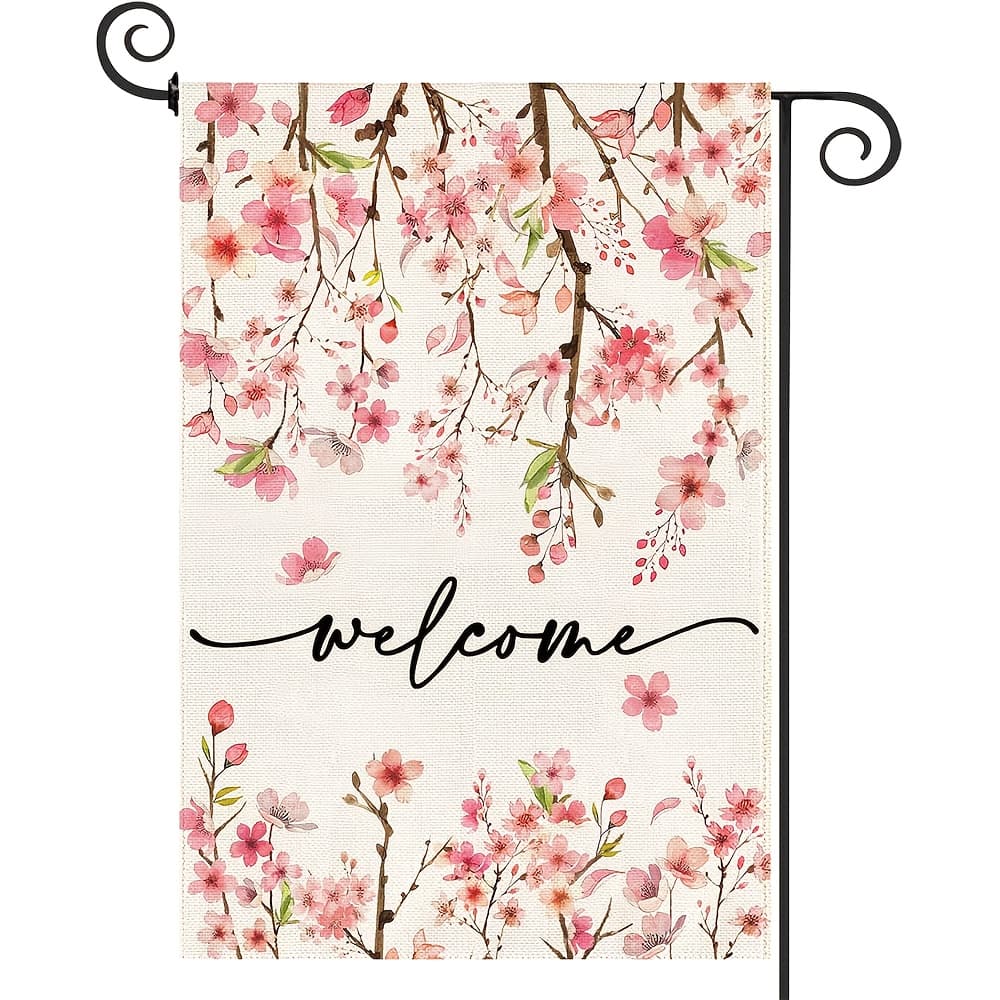 TEMU Spring Summer Flag 12.5 Inch Double Sided Burlap Pink Floral Cherry Green Leaf Farmhouse Small Yard Flag Summer Holiday Seasonal Outdoor Outside Decoration